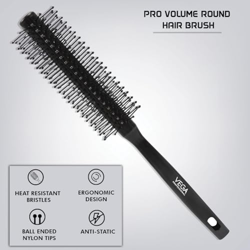 Image of VEGA PROFESSIONAL Pro Volume Round Hair Brush with Heat Resistant Bristles for Blow Drying & Styling | Hair Volumizer Brush | Hair Brush for Women & Men | Black | (VPVHB-18)