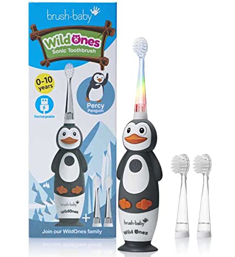 Brush-Baby WildOnes Kinder Elektrische Wiederaufladbare Zahnbürste,1 Griff, 3 Bürstenköpfe, USB-Ladekabel, für Alter 0-10 (Pengiun) Cover