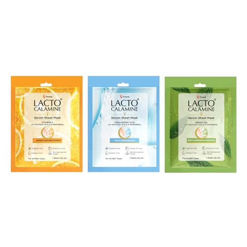 Image of Lacto Calamine Face Sheet Masks | 270g (Pack of 9) Combo Pack | Face Sheet Masks with Vitamin C Serum, Hyaluronic Acid Serum & Green Tea Full Face Masks | Brightening, Hydrating, & Clarifying
