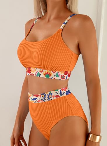 Image of Herseas Women's Textured Bikini Sets Floral Print Trim Scoop Neck Swimsuits High Waisted Bathing Suits