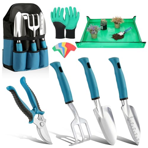 Housolution Gartengeräte Set, 8 PCS Gartenarbeit-Handwerkzeug-Set, Robust Aluminiumlegierung Gartenarbeit Zubehör mit Gummi Storage Tote Bag, Gartenarbeit Tool Set Geschenke, Blau + Schwarz