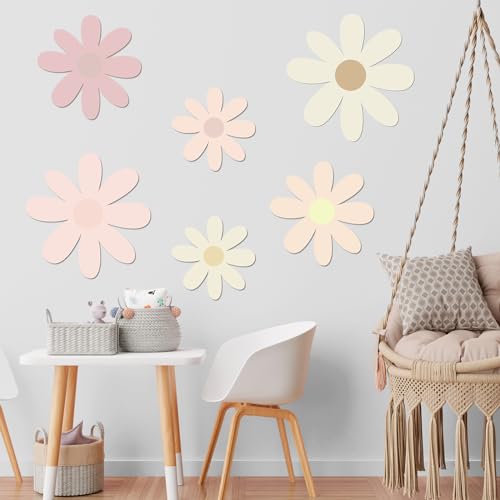 Thyle 6 Pcs Daisy Wall Decor Wooden Daisy Wall Art White Flowers Signs Hanging Plaque for Home Nursery Bedroom Farmhouse Bathroom Decorations Housewarming Gifts (Pink Style)