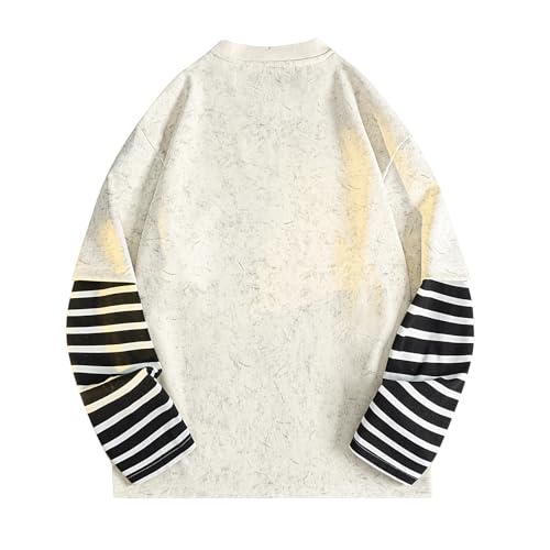 GURUNVANI Mens Fake Two Piece Patchwork Long Sleeve Shirt Unisex Oversized Striped Sweatshirt2