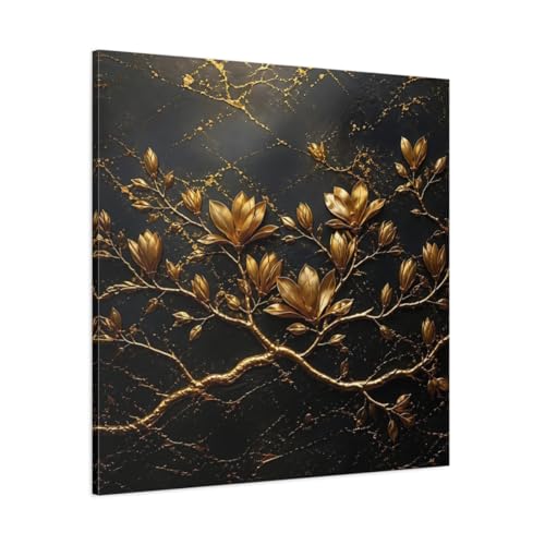 Tableau fleurs dorées canvas moderne art floral sombre 90 cm
