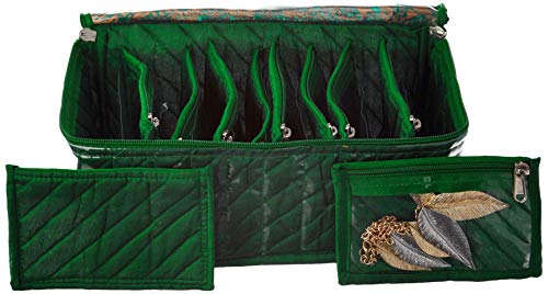 Amazon Brand – Solimo Fabric Jewellery Box with 10 Transparent Pouches, Green