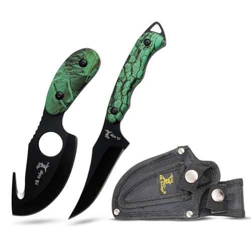 Elk Ridge ER-300 Series, 2-Piece Fixed Blade Hunting Knife Set with Gut Hook and Caping Knife, 3Cr13MoV Steel, Wood Handle, Nylon Sheath, 7 Inch and 6.4 Inch (Camo)