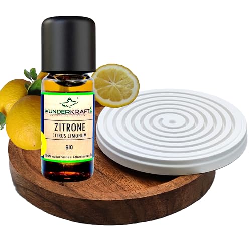 Juego de aceite de limón orgánico + piedra aromática y plato de madera - 100% aceite esencial natural de WUNDERKRAFT.BIO, adecuado para aromaterapia y difusor, 10 ml de aceite aromático