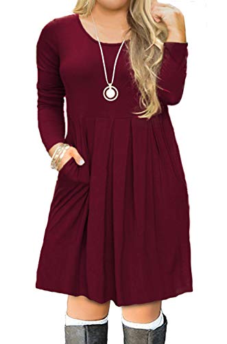 FOLUNSI Womens Plus Size Long Sleeve Pleated Causal Swing Dress with Pockets for Party Wine Red 3XL