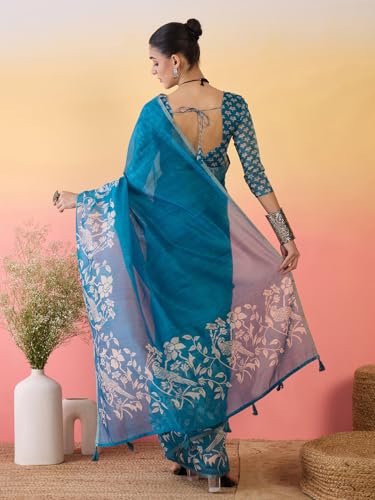 Image of AKHILAM Women's Cotton Printed Saree With Unstitched Blouse Piece