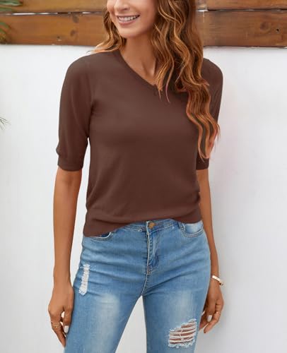 Image of Women Summer Knit Shirt Blouse V Neck Short Sleeve Pullover Sweater Tops
