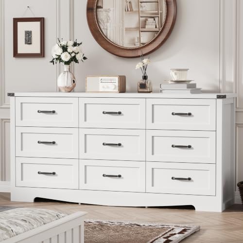 Image of Dresser for Bedroom with 9 Drawers, 63 inch Wide Wood Chest of Drawers with Deep Drawers & Mental Handle, Modern Dresser TV Stand, Wooden Closet Storage Organizer for Living Room, Hallway, Entryway, White