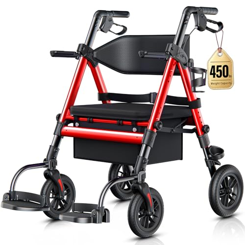 Heavy Duty Walkers for Seniors 2 in 1 Rollator Wheelchair Combo | 450 lb Capacity 10 All-Terrain Wheels Adjustable Seat & Handle Foldable Transport Chair with Seat Red product thumbnail 8