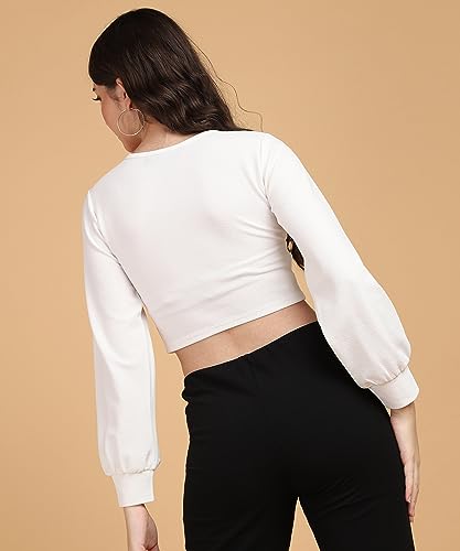 Image of POPWINGS Women Casual Self Design Rust Deep V Neck Full Sleeve Crop Top | Women Tops | Women Regular Tops | Women Tops | Women Stylish Tops
