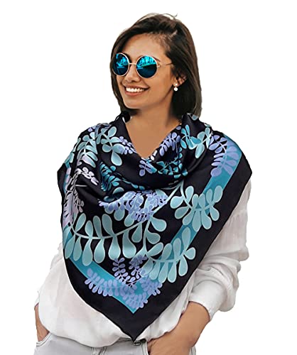 Designer Square Silk Scarf Hand Painted and Printed in Black and Turquoise Blue, Large Neckerchief, Head Shawl, Gift for Lady