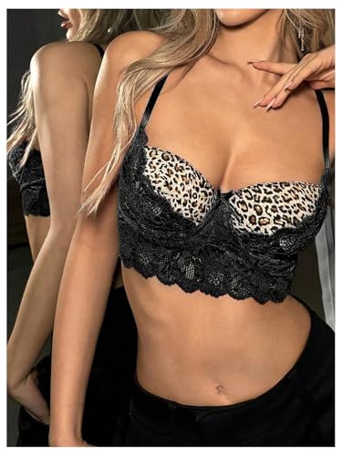 MakeMeChic Women's Cheetah Print Bra Floral Lace Bra Spaghetti Strap Scallop Trim Bralette3