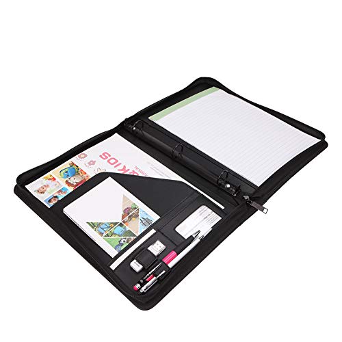 Freeprint Zippered Portfolio Binder 3 Ring with Writing Pad Legal Size Letter - PU Leather Professional Padfolio Folder for Interview Business, Black