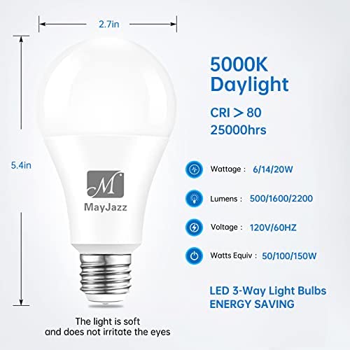Youtime 3-Way LED Light Bulbs 4-Pack – 50/100/150W Equivalent, A21 6/15/20W, 4000K Natural White, 500-2200 Lumens