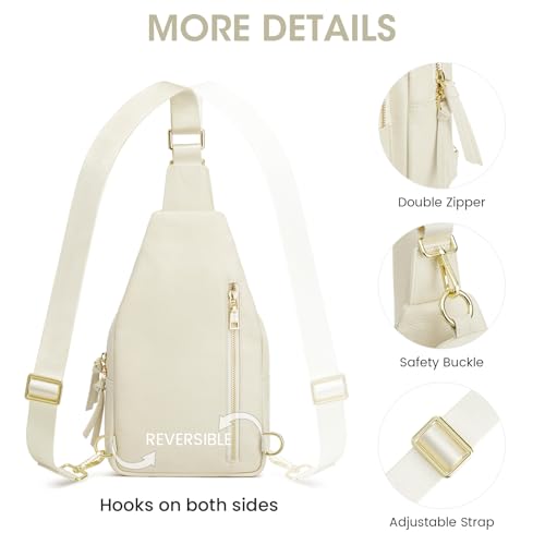 Image of Kattee Small Leather Sling Bag for Women with RFID Blocking,Beige | Top grain pebbled leather with RFID blocking, multiple pockets, and a convertible strap for travel.