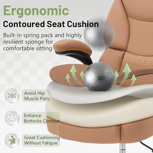 Image of 500LBS Drafting Chair, High Back Safer Standing Desk Chair, Executive Tall Office Chair with Flip-up Armrests, Upholstered PU Leather Task Chair, Ergonomic Seat with Adjustable Height&Foot Ring, Brown