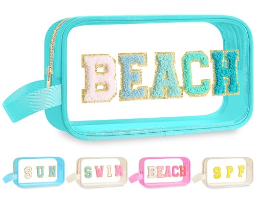 Kacctyen Clear Beach Pouch Bag Waterproof Swim Spf Makeup Sunscreen Bag Chenille Letter Cosmetics Nylon Beach Toiletry Travel Pouch for Women