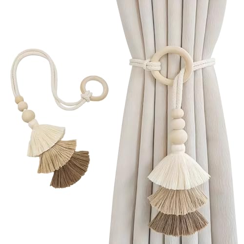 Daleweo Lot de 2 Embrasses de Rideaux en Bois avec Anneau et Corde en Polyester, Design Bohème, Franges Marron et Corde Blanche pour Décoration Salon,...