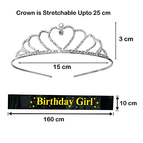 Image of DECOFY 3 Pc Birthday Set | Black Sash Crown Tiara Taj Hairband for Kids Girls Women | Princess Queen Party Dress Up Accessories | Birthday Celebration Decoration Gift Set | Elegant Fancy Royal Look