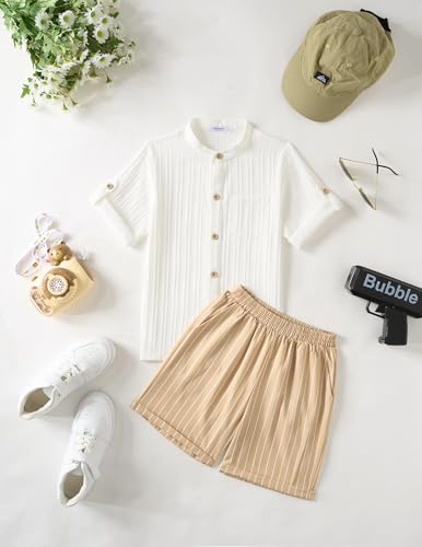 Image of Arshiner Boy's 2 Piece Beach Outfit Short Sleeve Textured Button Down Shirt and Short Sets Summer Vacation Wear 4-12 Years