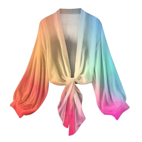 Image of PAIDAXING Summer Cardigans for Women UK Lightweight Sheer Chiffon Shrug Open Front Long Sleeve Cropped Cardigans Ladies Tie Front Bolero Kimono Beach Cover Up Shawl Wrap Flowy Tops