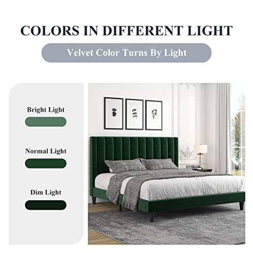 Image of Allewie Full Bed Frame /Velvet Upholstered Bed Frame with Vertical Channel Tufted Headboard /Strong Wooden Slats /Platform Bed Frame /Mattress Foundation /Box Spring Optional /Easy Assembly /Green
