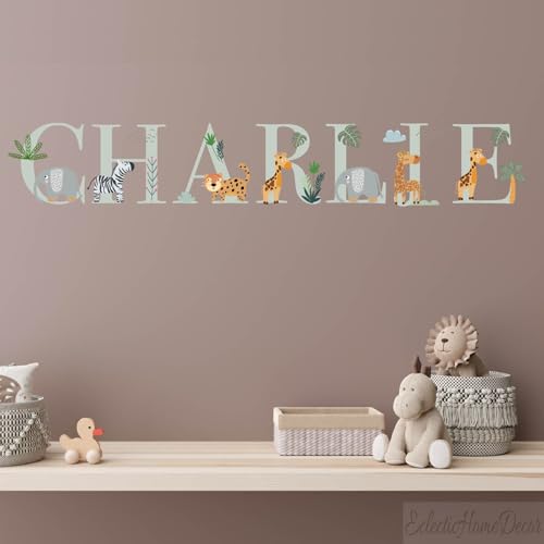 Safari Nursery Wall Stickers - Personalised Name Decals for Kids Rooms, Jungle Animal Wall Art with Custom Text, Baby Boy Girl Room Decor