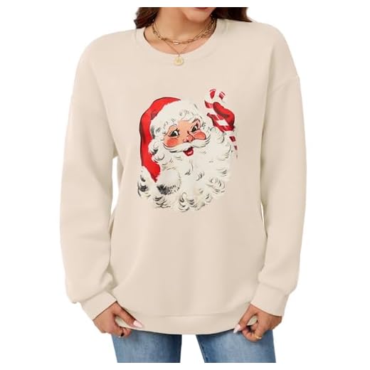 Leikar Christmas Sweatshirts For Women Retro Santa Hoodies Crewneck Pullover Sweater Holidays Fashion Outfits 2025, Beige, XL