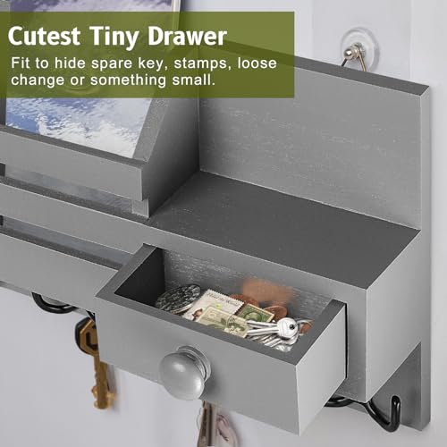 Image of Key Holder Wall Mount, Wooden Adhesive Mail and Key Organizer with Drawer, Small Shelf, 8 Hooks, 2 Installation Methods, Gray