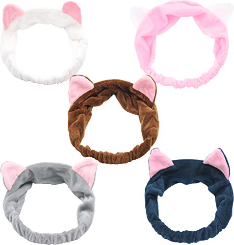 5 Pack Cat Ears Headbands, Elastic Women's Lovely Hair Band, Cat Ear HairBand Band For Women Wash Face Makeup Running Sport Beauty Lovely Spa Headbands