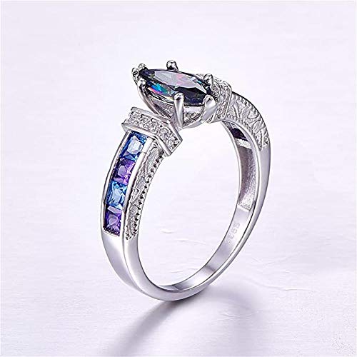 AZQ Women's Natural Rainbow Color Gemstone Ring 925 Sterling Silver Simulated Mystic Topaz Promise Ring Eternity Engagement Wedding Band Ring for Her3