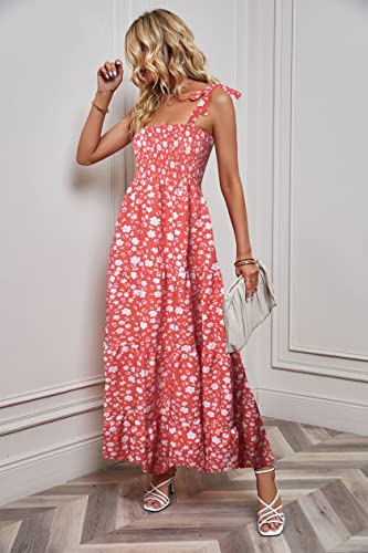 Image of kinstell Women's Summer Boho Spaghetti Strap Square Neck Ruffle Casual Flowy Long Dress Beach Swing Party Maxi Dress