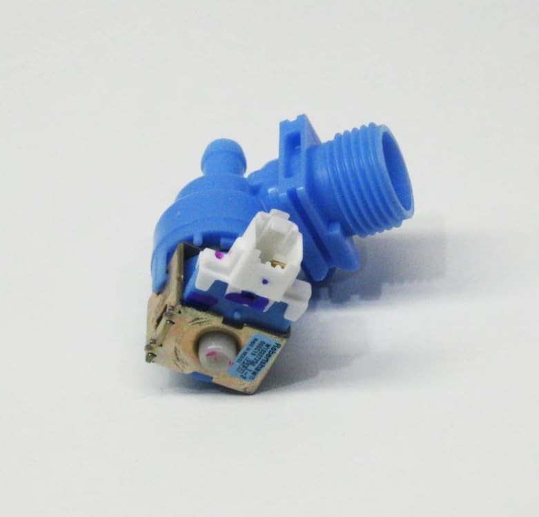 Úhlové view of the blue dishwasher water inlet valve, showing the threaded water connection and the electrical connector.