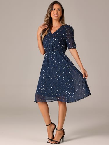 Image of Allegra K Chiffon Dress for Women's Metallic Stars Ruched Sleeve V Neck A-line Dress