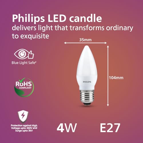 Image of PHILIPS 4W LED Frosted Candle Bulb | Warm White 3000K | E27 Base | Energy Efficient Decorative LED Light | Soft Glare-Free Illumination | Pack of 1