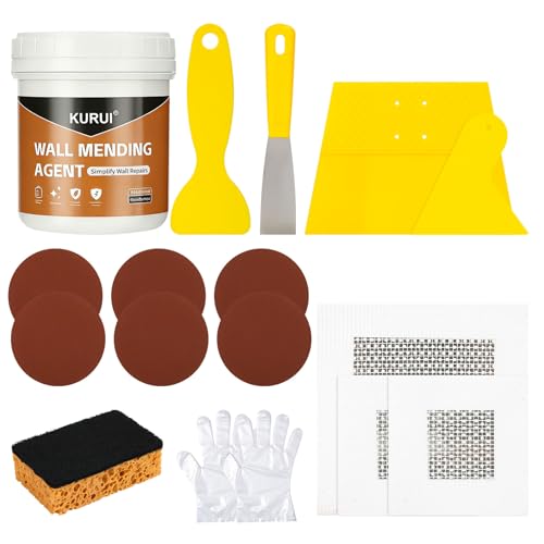 KURUI Drywall Repair Kit 8.8oz Spackle Wall Repair Paste with Scraper 6 Sandpaper Sheets & Self Adhesive Dry Wall Patch Kits Easy Hole Filler for Drywall Plaster and Home Repair