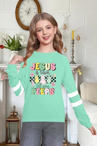 Image of LAZYCHILD Kids Easter Shirt Girls Happy Easter Shirts Rabbit Graphic Long Sleeve Striped Tee Tops 5-14 Years