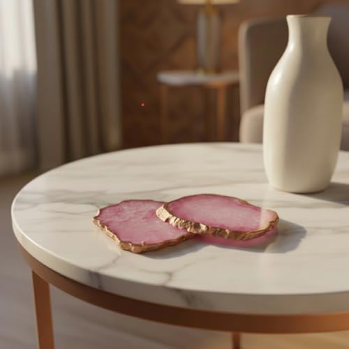Image of Natural Agate Stone Rose Gold Plated Tea Coasters Set | Premium Stone Coasters for Tea, Coffee & Glass | Heat Resistant Coasters for Dining Table, Office Desk & Home Decor | Pack of 2 | Color -Pink