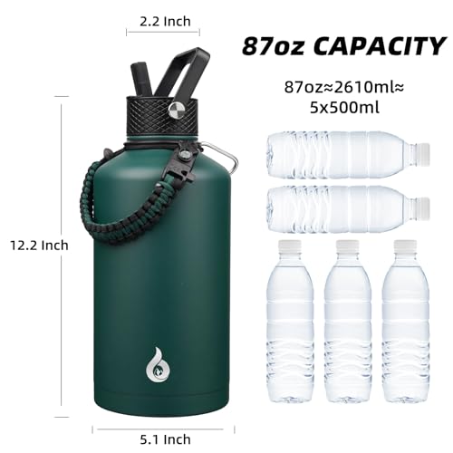 Image of BJPKPK 2 /3 Gallon Water Bottle with Straw Lid, 87oz Large, Stainless Steel Water Bottles with 3 Lids and Paracord Strap, Double Wall Vacuum Metal Water Jug, Army Green