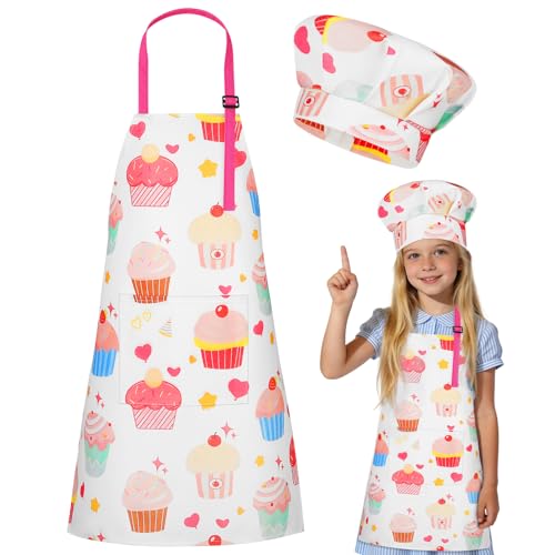 DiULi Delantales Infantiles, Conjunto de 2 Piezas Delantal Ajustable y Gorro de Cocinero Infantil, Delantal con Bolsillo para Niños, Regalo para Pequeños Cocineros, Jardinero, Pintura (Cake Pattern L)