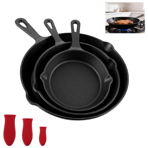 LDXDRU 3 piezas de sartén para parrilla de hierro fundido con asa, sartén de hierro fundido...
