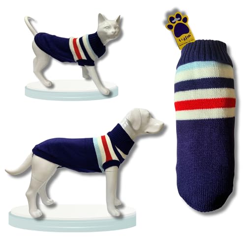 Image of A+a Pets' Cozy Knitted Flannel Sweater - Soft, Warm, Comfortable Fleece, Cold Weather Clothes for Dogs and Cats (Stripes, Blue, XXL)