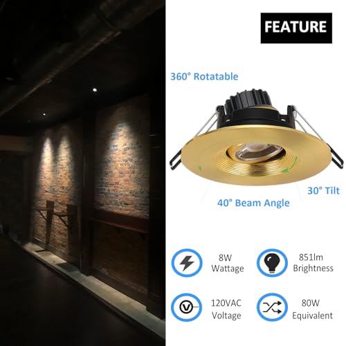 Image of POPANU Premium 4-inch LED Recessed Lights - 5 CCT 4 Inch Eyeball Ceilling Gimbal Potlight, Dimmable Recessed Lights Fixture with Junction Box, 8W CCT Adjustable, Shiny Gold, with Baffle, 6P