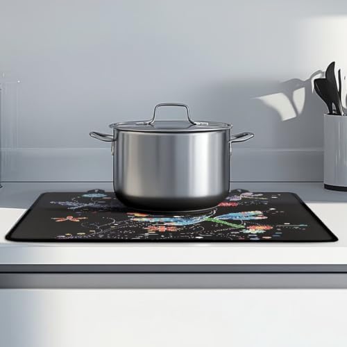 Image of Glass Ceramic Top Stove Cover Heat Resistant Flat Top Stove Cover Mat Induction Cooktop Protector Mat with Non-Slip Rubber Backing, 29 x 21 Inch, Dragonfly Floral Black
