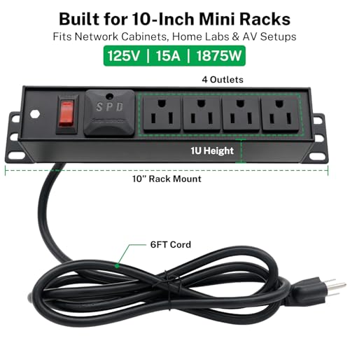 FIRMERST PDU para rack de 10 pulgadas, Multitoma 4 salidas con protección contra sobretensiones y cable de 1.83 metros miniatura 2
