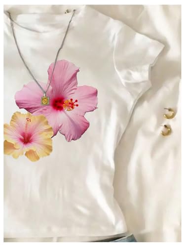 Girl's Floral Print Crewneck T Shirts Short Sleeve Slim Fitted Casual Summer Tops3