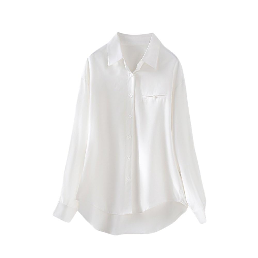 Damen Langarmbluse Aus Tencel Mit Knopfleiste,Mikrotransparent,Weiß,Einfarbig,Klassisches Revers,Fake Pocket Cardigan,Jacken,Lässige T Shirt Oberteile Für Die Arbeit Und Das Büro